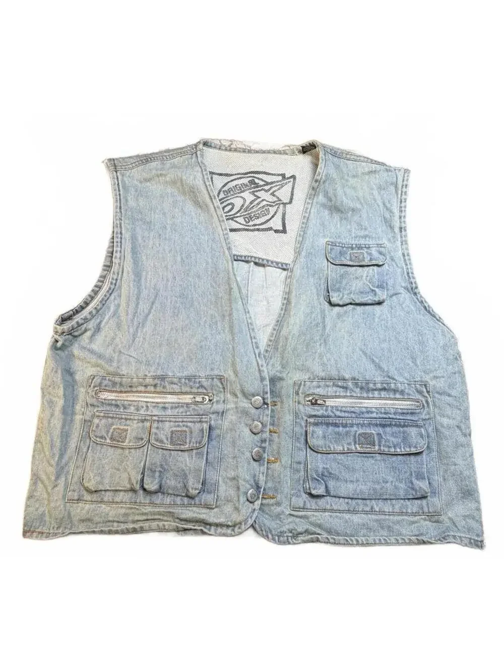 JACKET Vintage Light Wash Denim Utility Vest with Multiple Pockets